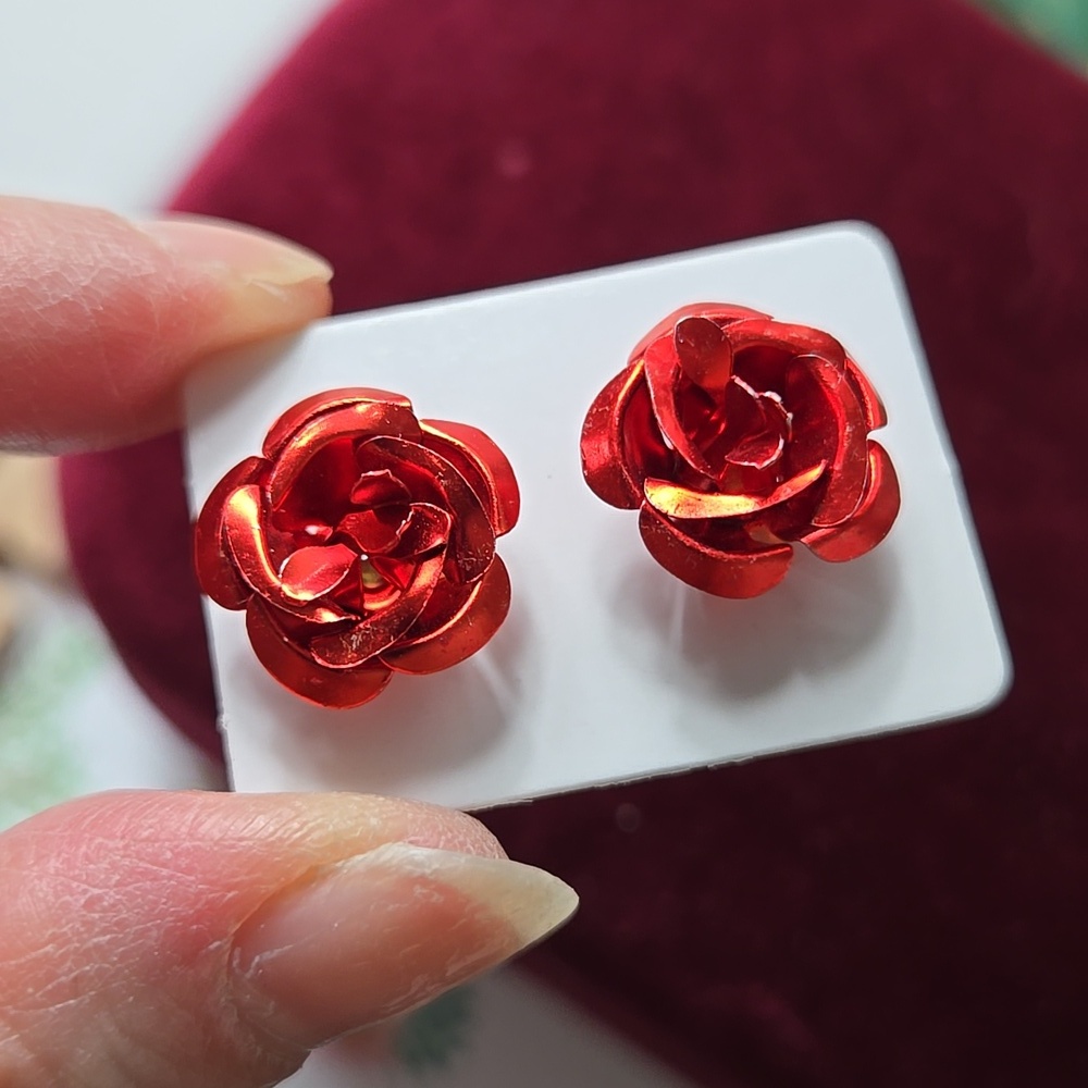 Vibrant Red Rose Stud Earrings - Picture 8 of 11